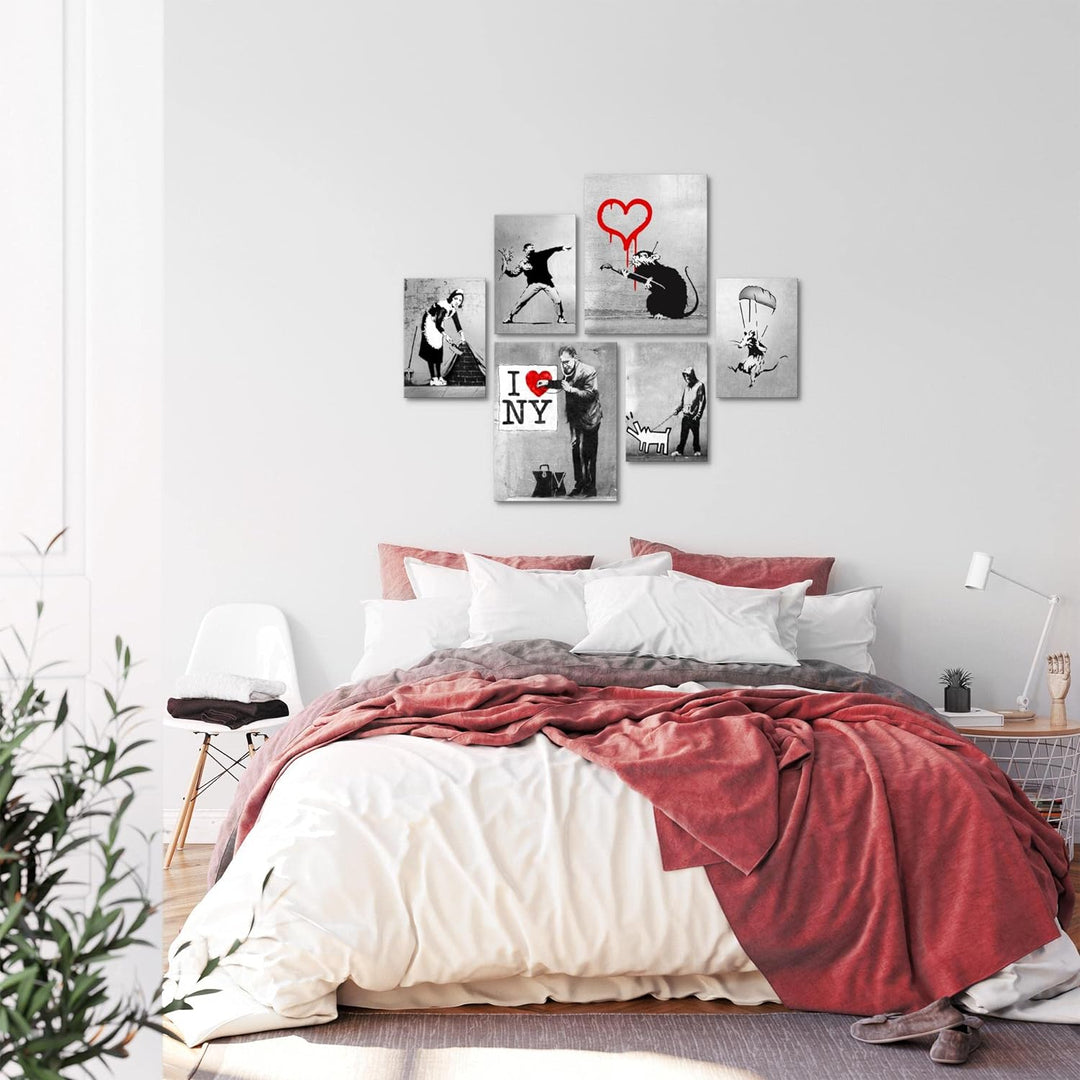 Novart Bilder Set - AUFHÄNGFERTIG - KEIN EXTRA RAHMEN BENÖTIGT - Banksy Collage Modern Street Art -