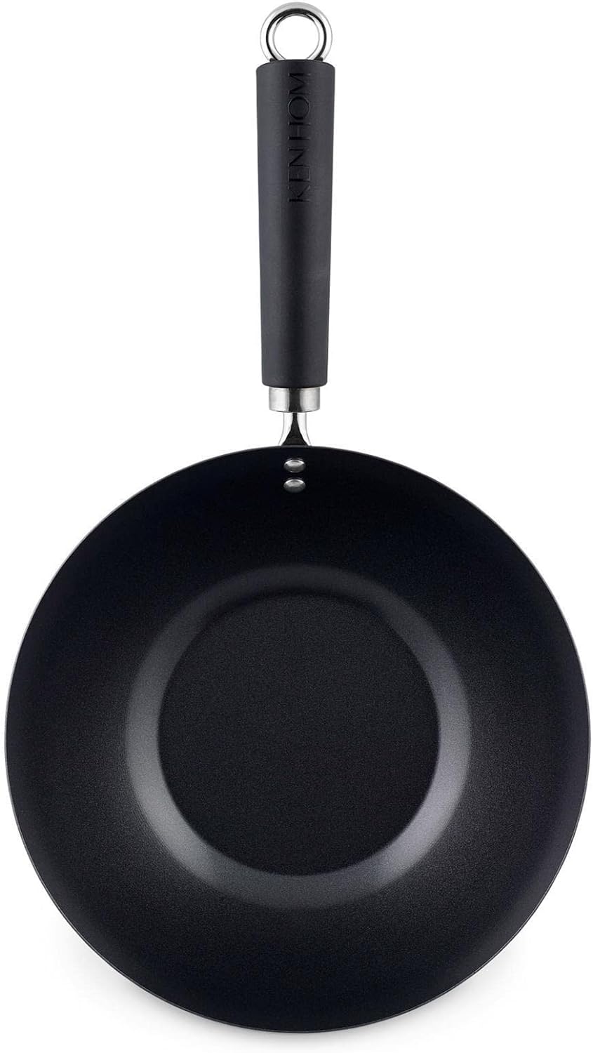 Ken Hom grosser Wok 27 cm Induktion Antihaft aus Karbonstahl mit Phenolharz-Griff - Set inkl. Hackme