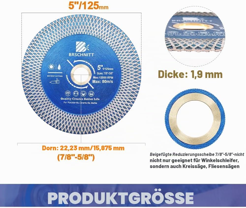 Diamant Trennscheibe 125mm - BRSCHNITT Doppelseitig zum Schneiden und Schleifen für Keramik, Fliesen
