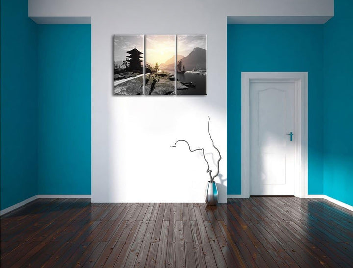 Pixxprint asiatischer Tempel an Fluss als Leinwandbild/Grösse: 3 Teilig (120x80 cm) cm/Wandbild/Kuns