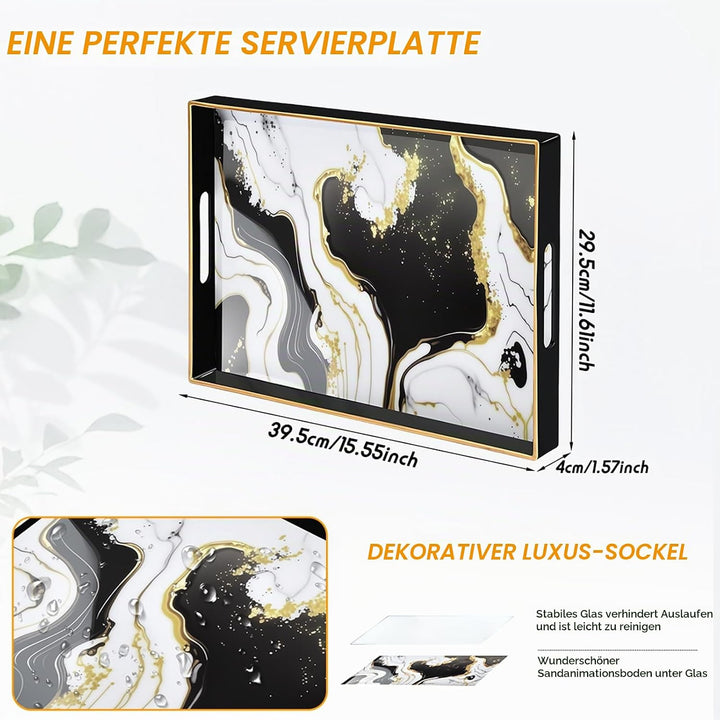 Serviertablett Vintage aus Kunststoff, Rechteckiges Kunst Tablett mit Griffen, Marmor Optik Deko Tab