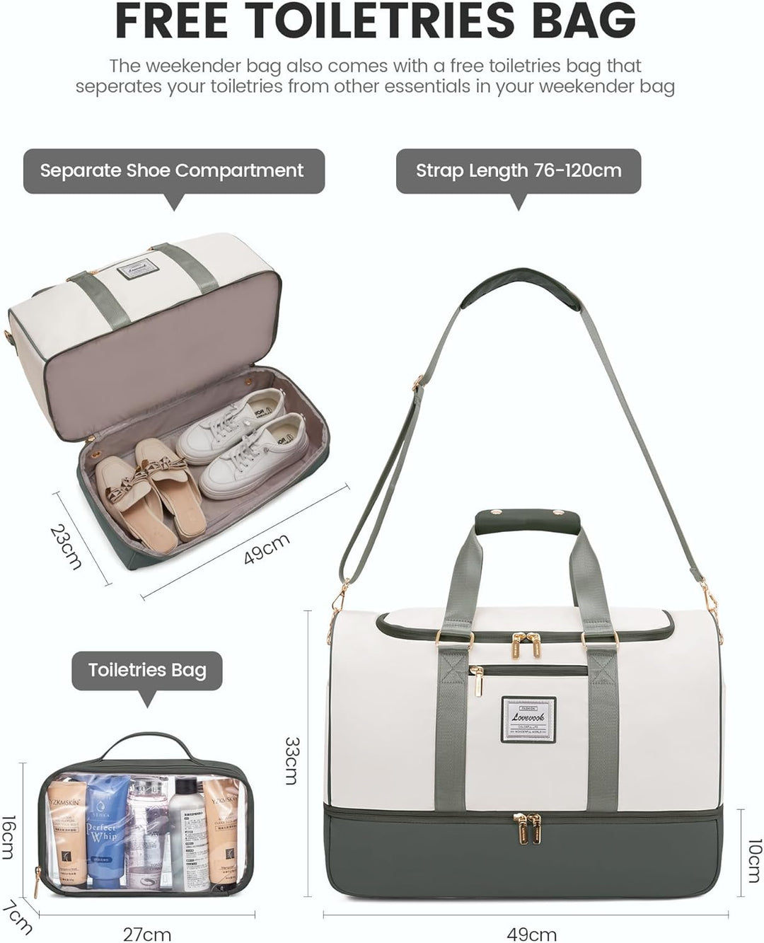 LOVEVOOK Reisetasche Sporttasche Damen, 37L Weekender Travel Bags Gym Bag mit Kulturtasche, Schuhfac