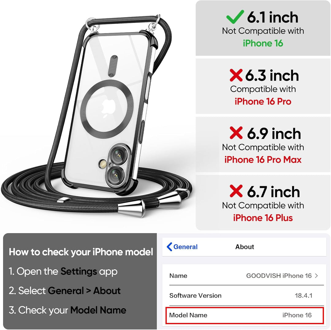 GOODVISH Handykette für iPhone 16 Hülle mit Band, mit 2 Stück Schutzfolie und Kamera Schutz, Necklac
