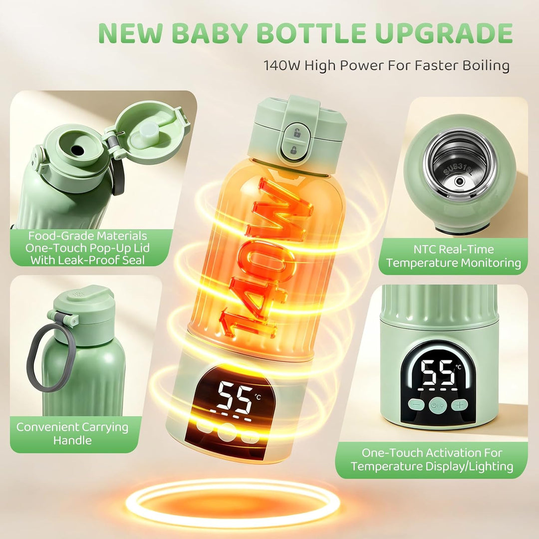 Tragbarer Baby Flaschenwärmer, Kabelloser Milchwärmer mit 500ml Kapazität, 140W Schnellaufheizung, L
