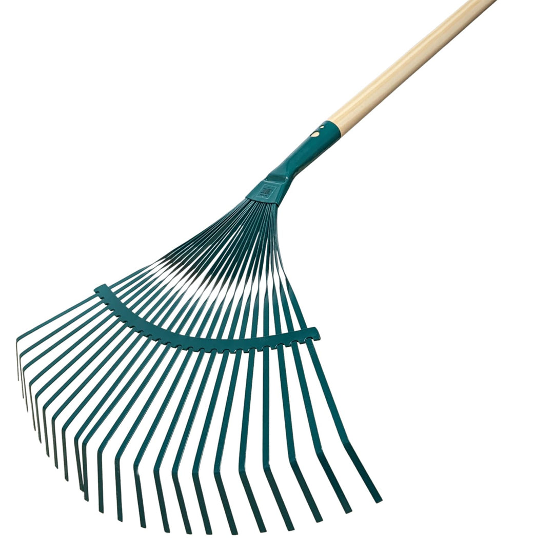 Laubrechen Garten Laub Fächer Rechen Besen Fächerbesen Metall grün lackiert mit 22 Zinken und Stiel