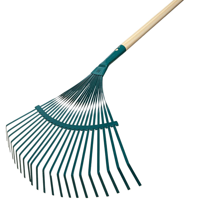 Laubrechen Garten Laub Fächer Rechen Besen Fächerbesen Metall grün lackiert mit 22 Zinken und Stiel