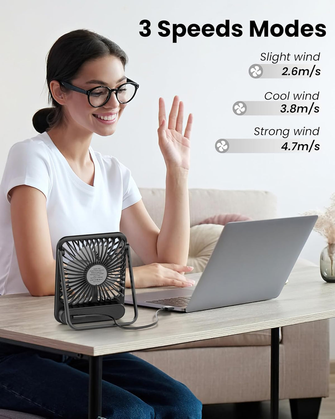 Koonie USB Tischventilator, Mini Tischventilator, 3 Geschwindigkeiten & 180°Einstellbar, Ruhig-35dB,