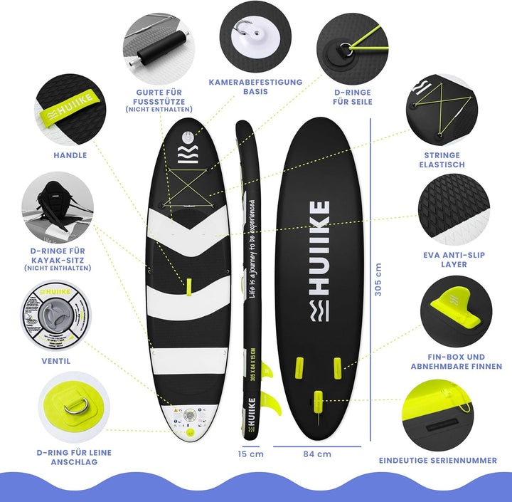 HUIIKE Stand Up Paddling Board mit Zubehör, Paddel, Finnen, Pumpe. Paddle Sup Board Aufblasbar Hohe