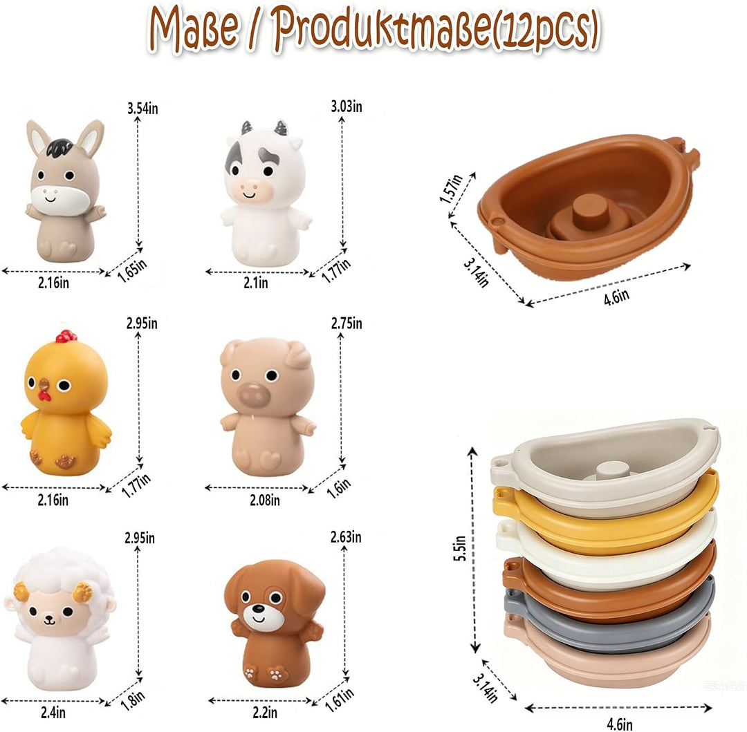 12 Stück Badewannenspielzeug: Baby Badespielzeug mit Tierfiguren, Bauernhof-Fingerpuppen &amp; stapelbar