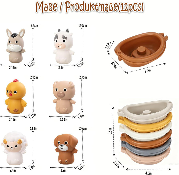 12 Stück Badewannenspielzeug: Baby Badespielzeug mit Tierfiguren, Bauernhof-Fingerpuppen &amp; stapelbar
