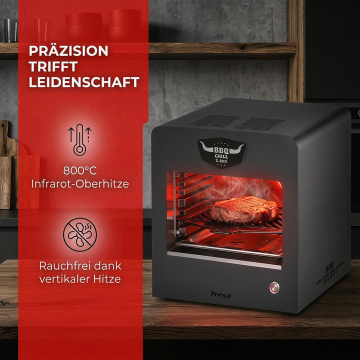 Trisa BBQ Grill X-800 Elektrogrill 2200W, 800 Grad Oberhitzegrill für Perfekte Steaks & Pizza, Indoo