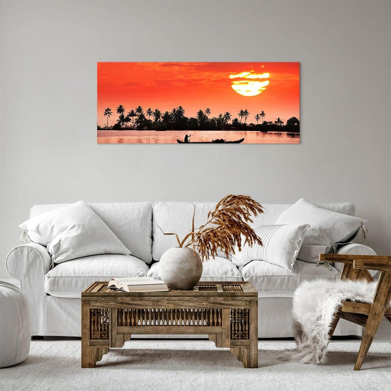 ARTTOR Bilder auf Leinwand 100x40cm Leinwandbild Kanal boot kultur sonnenuntergang Gross Wanddeko Bi