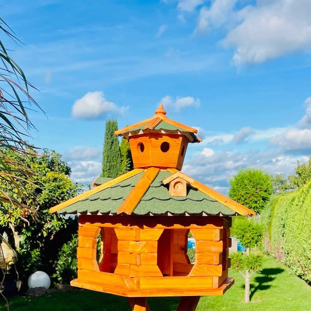 handgefertigtes Sechseck Vogelhaus aus Holz wetterfest M - XL mit und ohne Ständer, Futterhaus, Futt