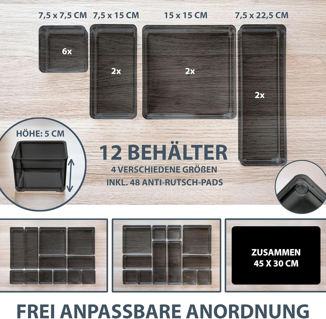 12 teilig schwarz + transparent Schubladen Organizer inkl. Antirutsch-Pads in 4 versch. Grössen | Sc