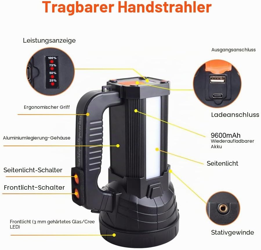 ERAY LED Taschenlampe 11000 lm, Handscheinwerfer LED Akku Wiederaufladbar 9600mAh Power Bank, IPX4 W