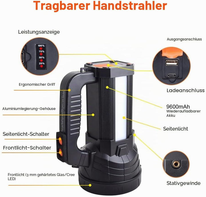 ERAY LED Taschenlampe 11000 lm, Handscheinwerfer LED Akku Wiederaufladbar 9600mAh Power Bank, IPX4 W