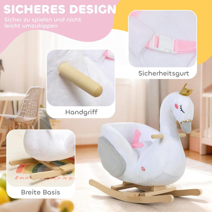 AIYAPLAY Schaukeltier, Schwan-Schaukel mit Schlaflied, weicher Füllung, Holzrahmen, Sicherheitsgurt,