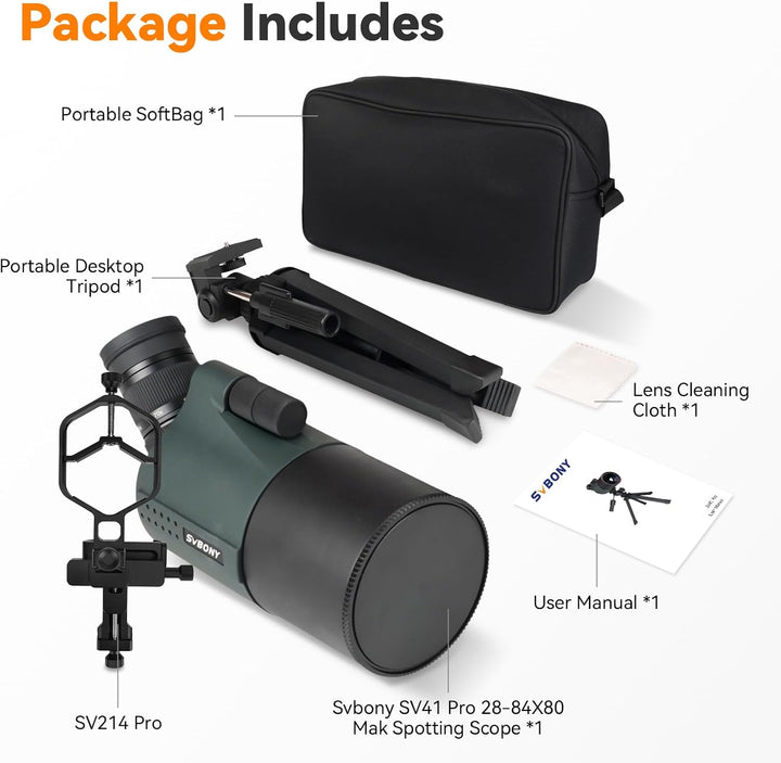 Svbony SV41Pro Mak Spektiv, 28-84X80 HD FMC Dual Speed Fokus, Kompatibel mit WLAN Kamera SC001 Digis