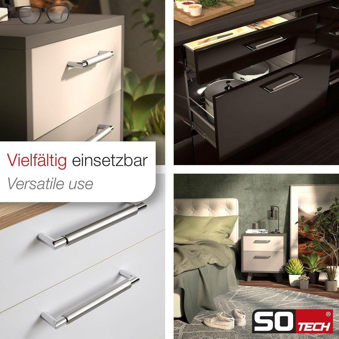10 x SO-TECH® Möbelgriff Schrankgriff E9 echt Edelstahl BA 128 mm/Ø 16 mm mit verchromten Sockeln/De