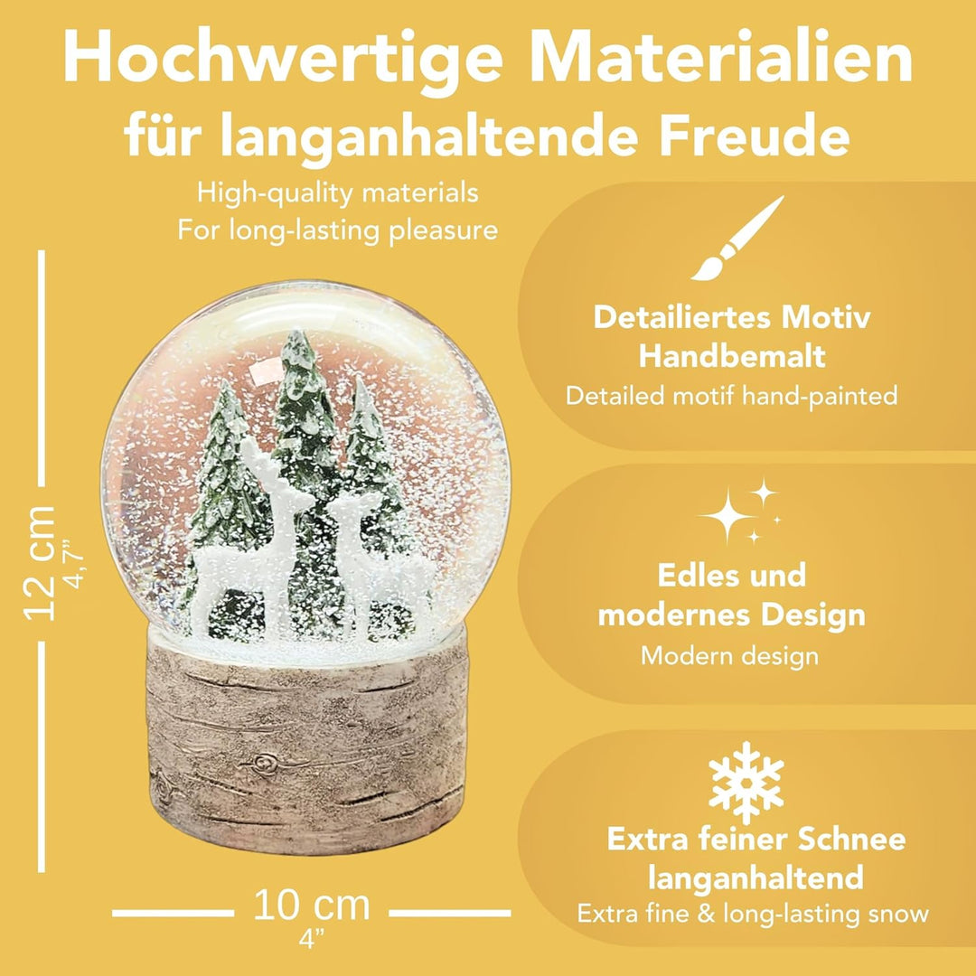 Schneekugel Weihnachten | Hüttenzauber Zwei Rehe Tannenbaum | Sockel Holzoptik | Höhe: 12cm Breite 1