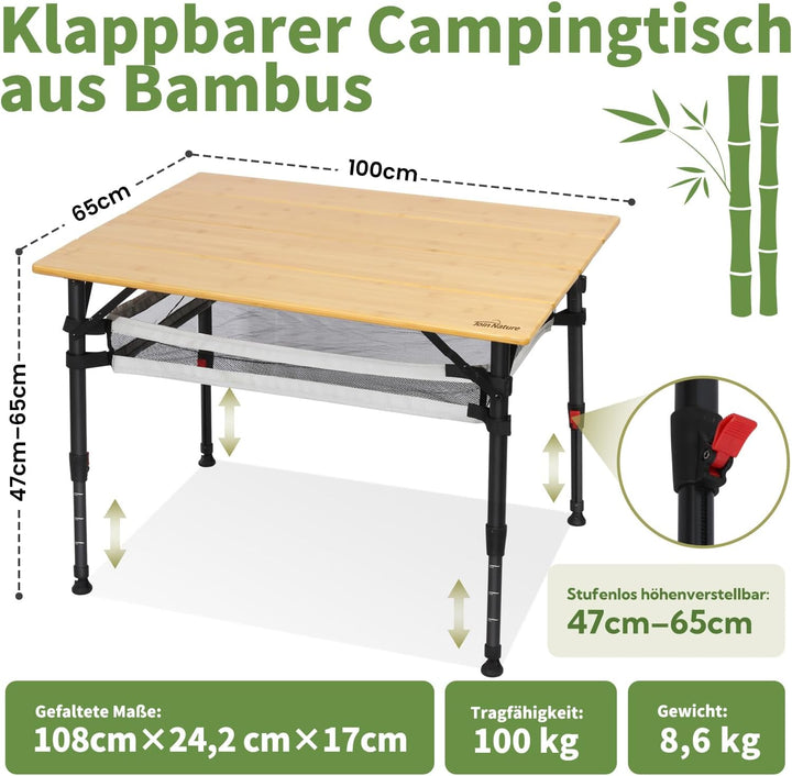 Join Nature Campingtisch Klappbar Bambus Stufenlos Höhenverstellbar 47–65cm Aluminiumgestell mit Tra