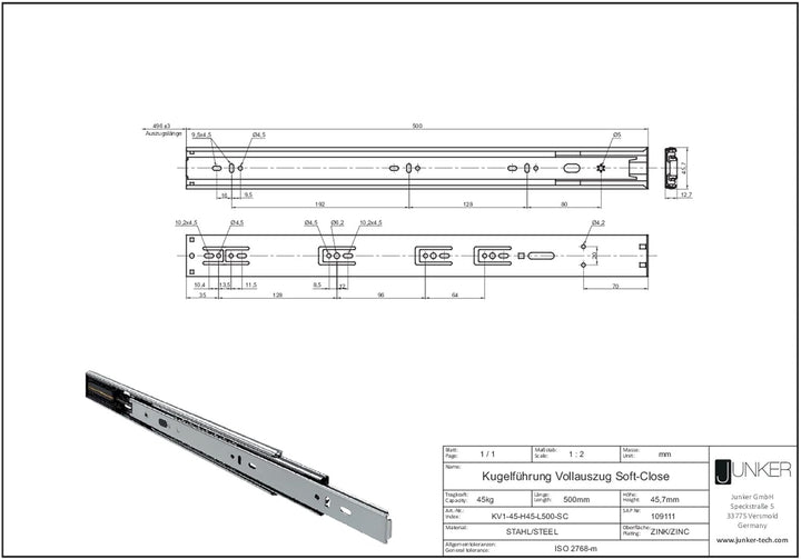 Junker 2 Paar Vollauszüge KV1-45-H45- L500-SC 500 mm mit Selbsteinzug u. Dämpfung (SoftClose) Telesk