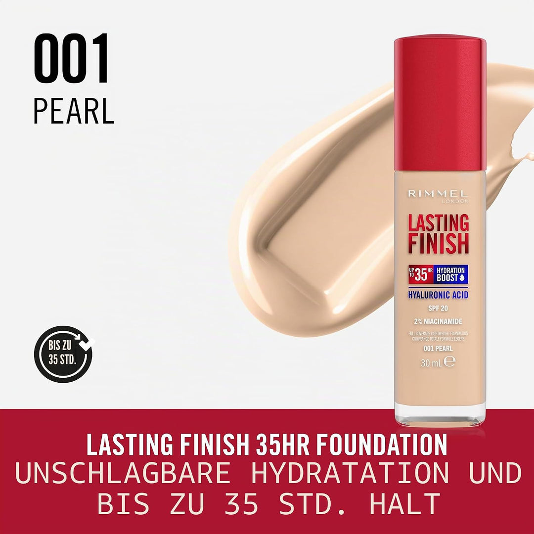 Rimmel London Lasting Finish 35 Hour 001 Pearl Foundation, langanhaltend, feuchtigkeitsspendend, veg