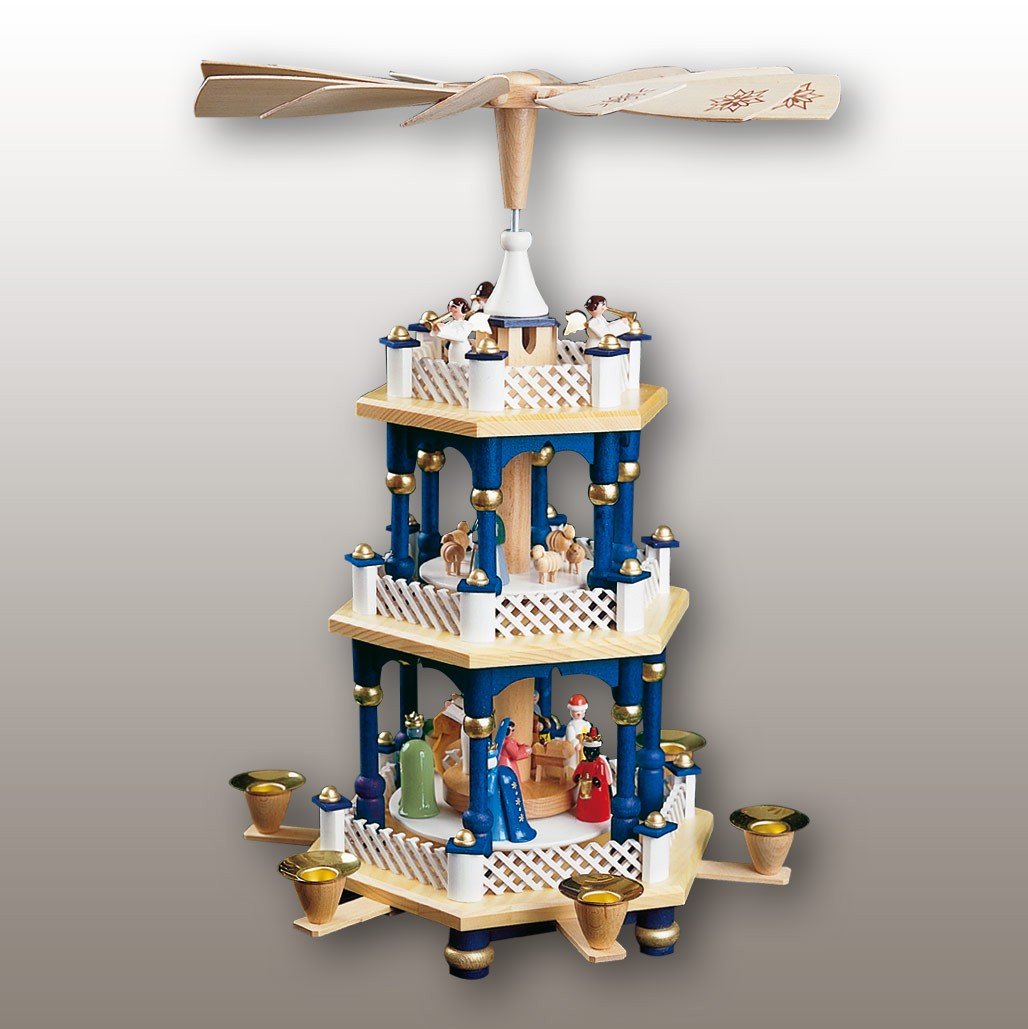Richard Glässer Seiffen Weihnachtspyramide Christi Geburt, 2-stöckig, 40 cm hoch, original Erzgebirg