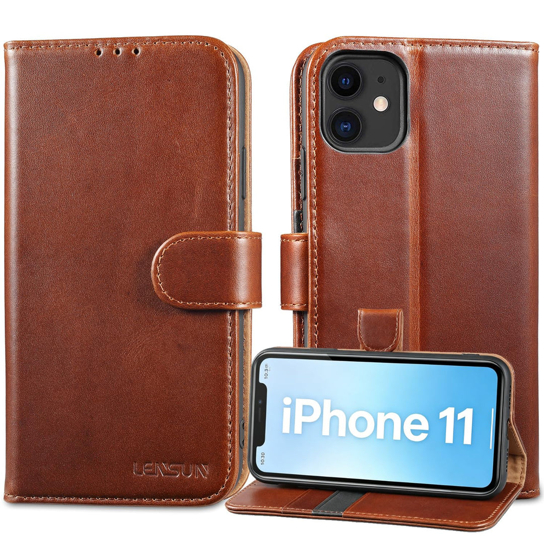 LENSUN Echtleder Hülle für iPhone 11, Handyhülle [Echtes Leder][Magnetverschluss][RFID Schutz] Handy