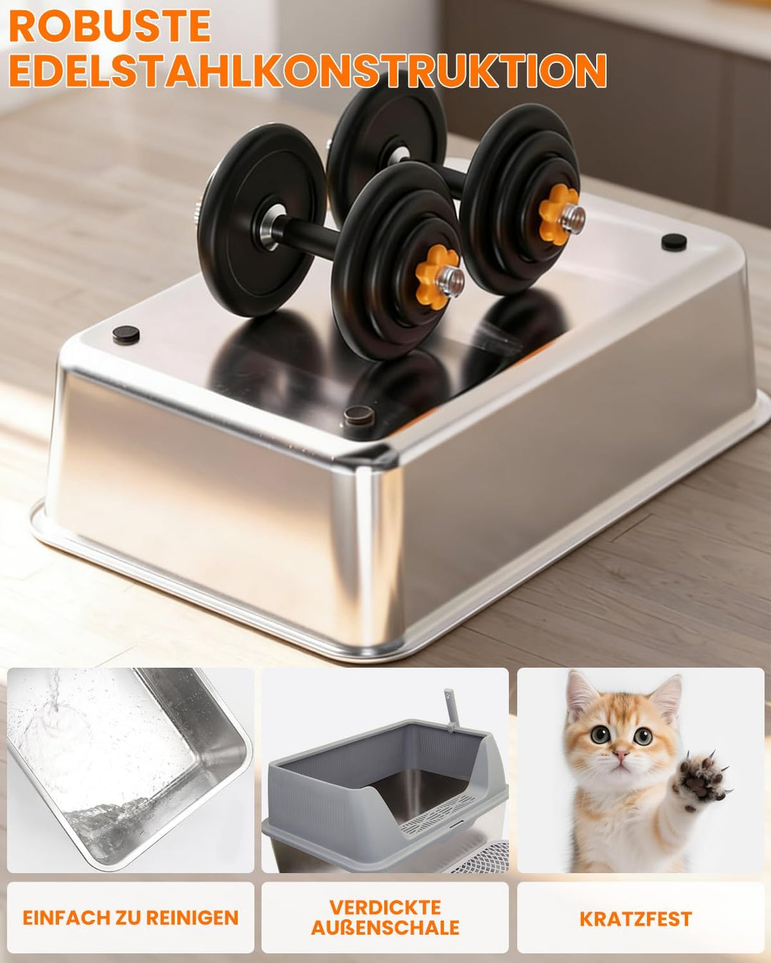 Edelstahl Katzentoilette XXL 60x40x35cm, Extra Hochwand Katzenklo Auslaufsicher &amp; Spritzsicher, Einf