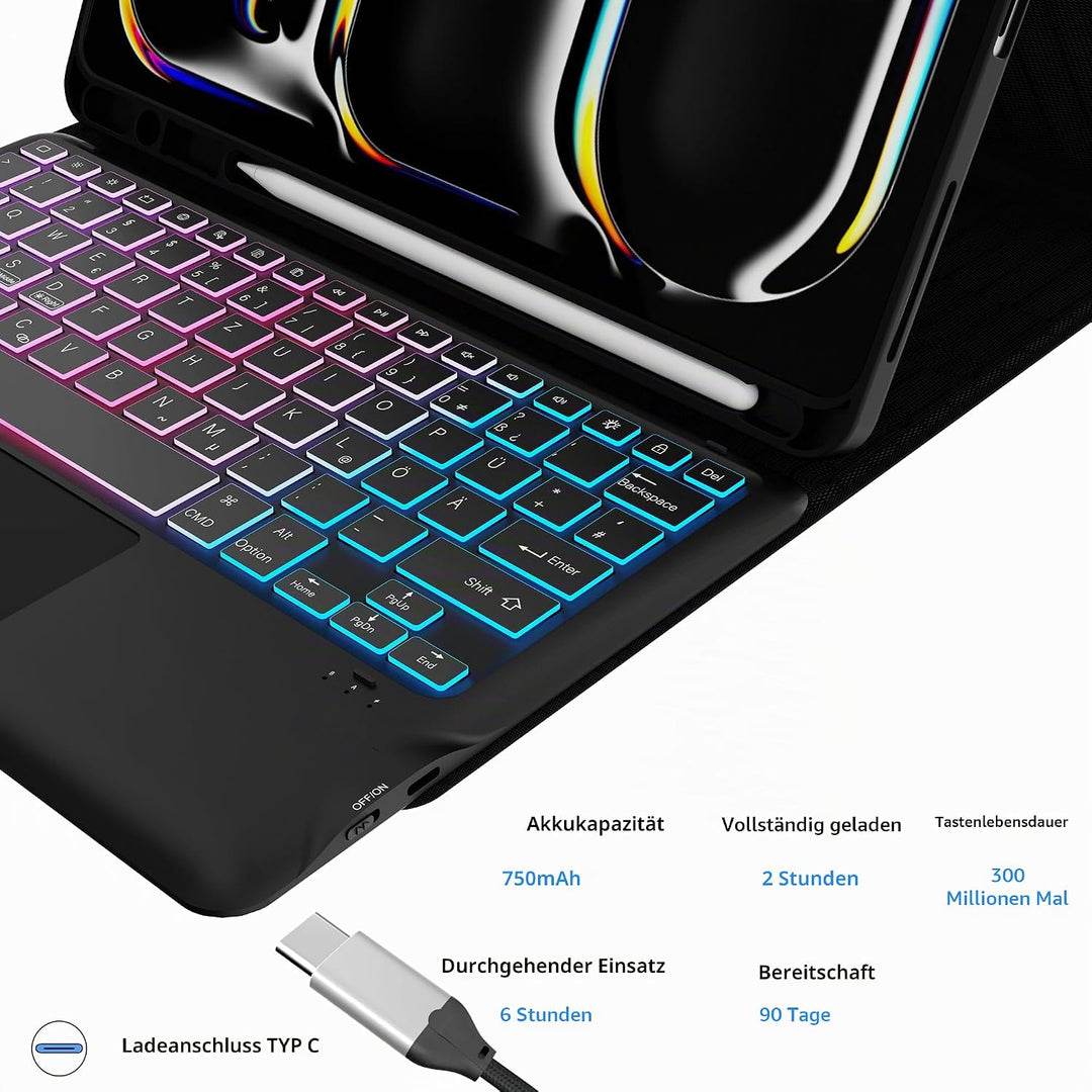 für iPad Pro 13 Zoll (M4) 2024 Hülle mit Abnehmbare Tastatur : DIY 3-Zonen 7-Farbiger Beleuchtung Ta