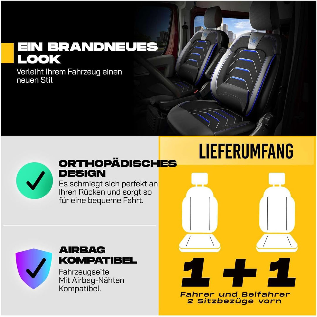 Autositzbezüge Universal 1+1 für FIAT Ducato, Peugeot Boxer, Citroen Jumper (2014-2026) Opel Movano