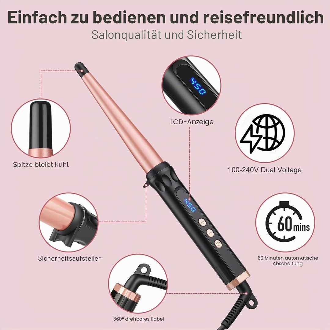 Lockenstab Kegelförmig 13-25mm, Gleichmässige Wärme Durch Keramikbeschichtung, LCD-Display mit 14 St