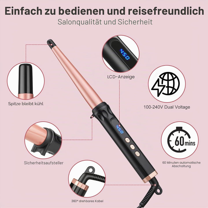 Lockenstab Kegelförmig 13-25mm, Gleichmässige Wärme Durch Keramikbeschichtung, LCD-Display mit 14 St