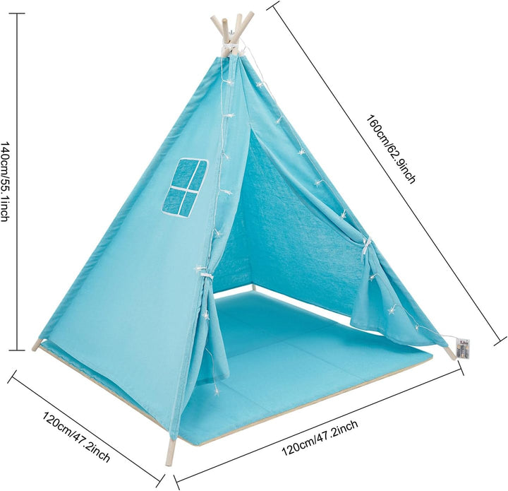 Tipi Zelt für Kinder, Spielzelt Kinder mit weicher Matte &amp; Lichterkette, 1,4m hohes Kinderzelt aus B