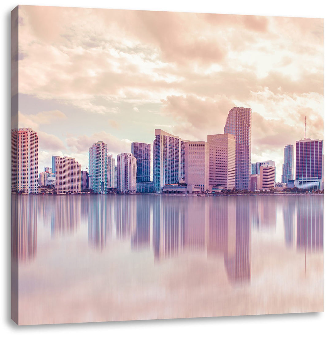 Pixxprint Miami Florida Skyline bei Sonnenuntergang, Format: 70x70 auf Leinwand, 70x70