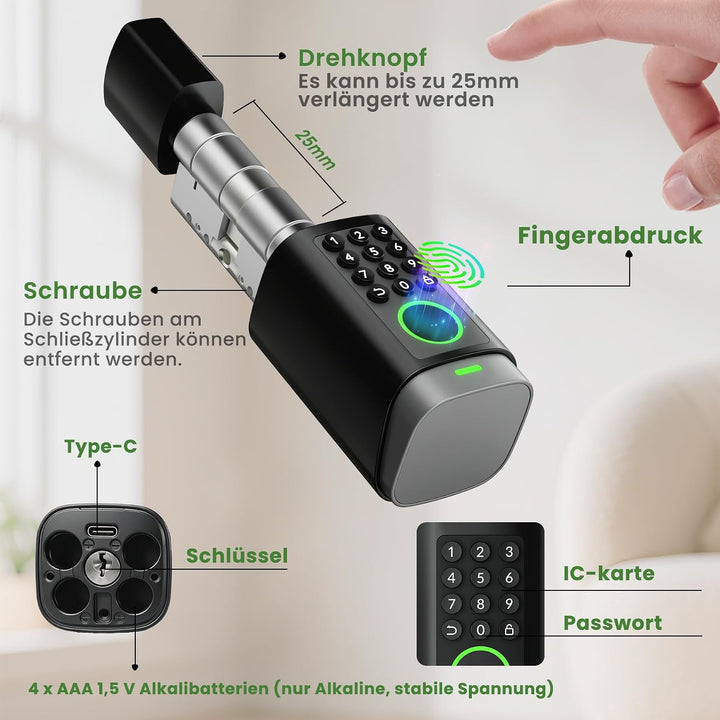AVATTO Smart Türschloss mit Fingerabdruck und Passwort für 60-90mm Tür, Schliesszilinder Länge ist e