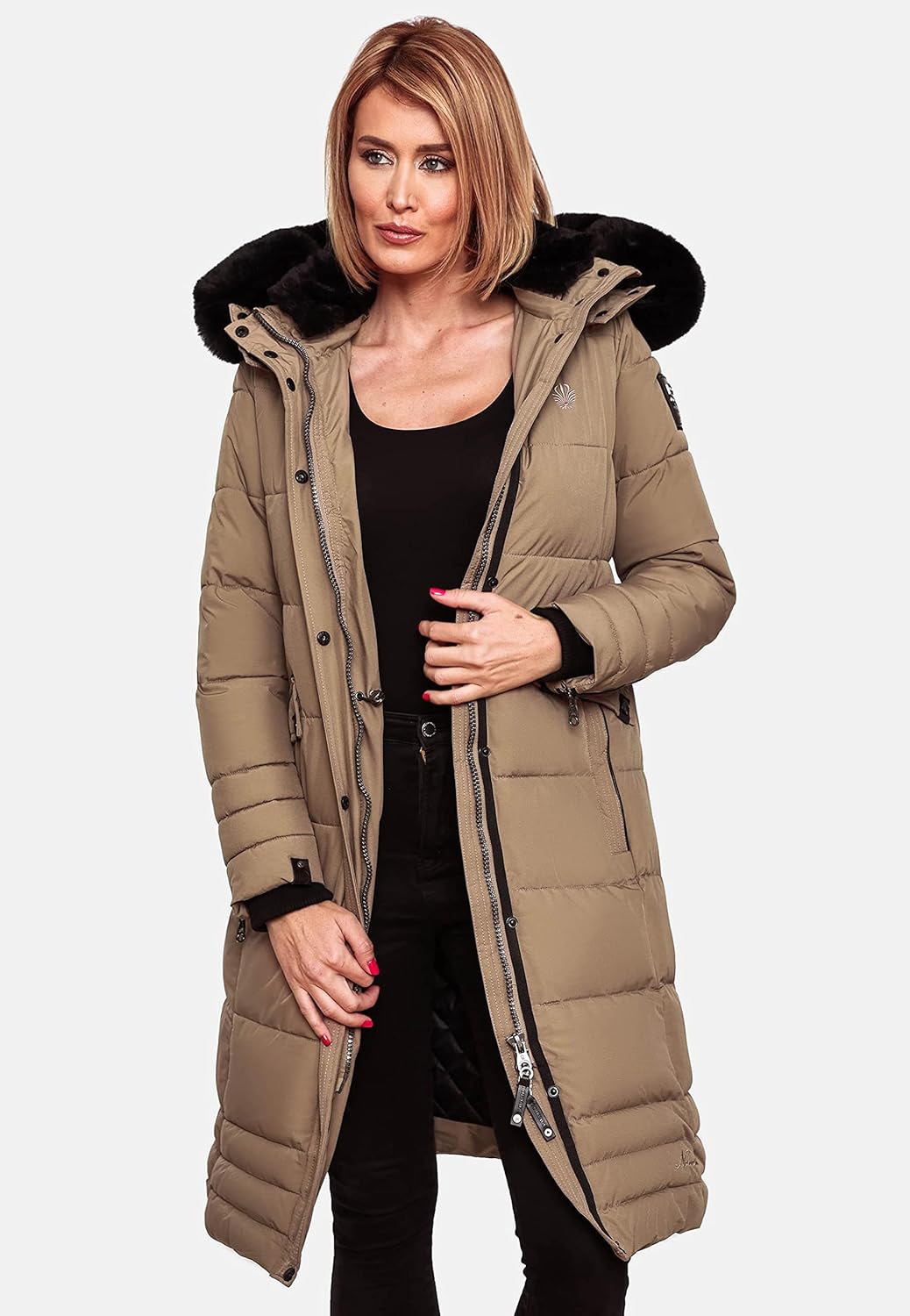Navahoo Damen Wintermantel Warmer Steppmantel lang mit Abnehmbarer Kapuze Fahmiyaa XS-3XL M Taupe Gr