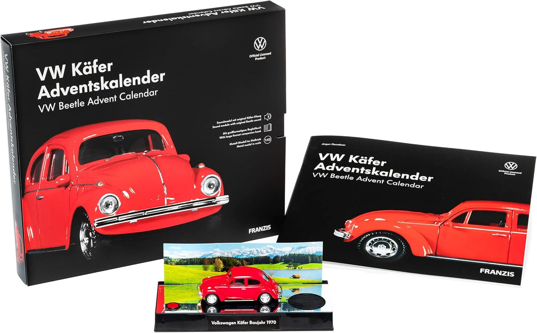 FRANZIS 55255 - VW Käfer Adventskalender rot, Metall Modellbausatz im Massstab 1:43, inkl. Soundmodu