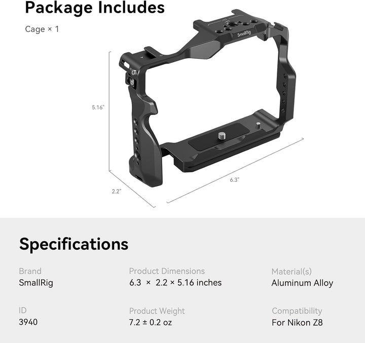 SMALLRIG Z8 Camera Cage für Nikon Z 8, Verdrehsicheres Design, Video-Vlog-Vollkäfig aus Aluminiumleg