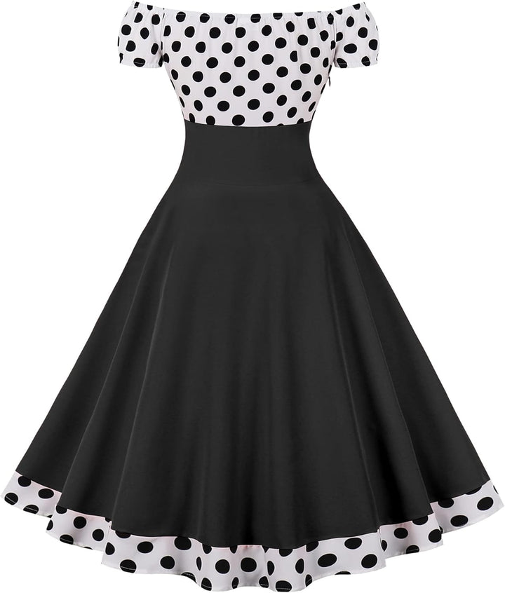 AXOE Damen Schulterfrei Kleid 50er Jahre Cocktailkleid mit Kurz Ärmel XS Schwarz/Weiss, S