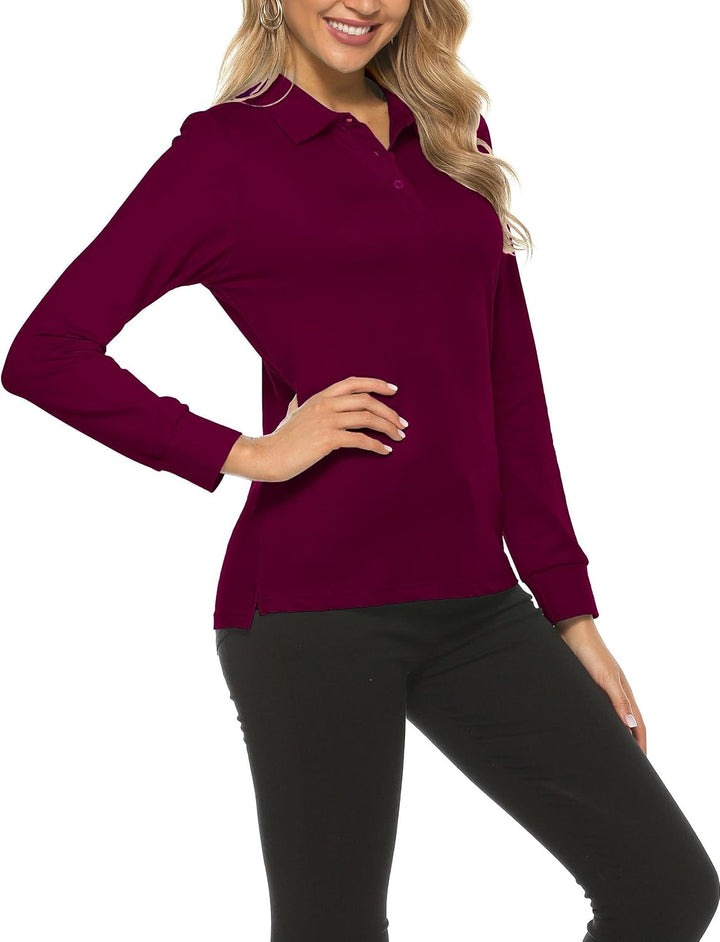 Damen Poloshirt Baumwolle Golf Wintershirt Langarm Oberteile Sports Training Polo mit Kragen Weinrot