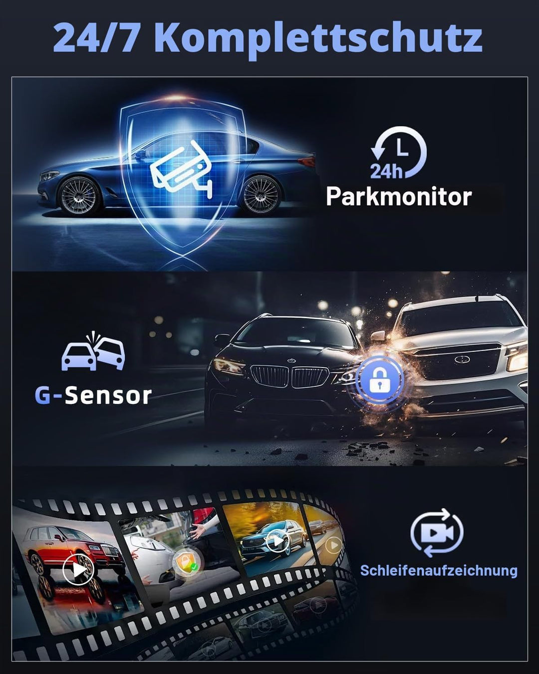 Hikity 5-Kanal-Dashcam, 360° Dashcam 1080P*4 Vorne und Hinten Innen Links Rechts, Autokamera mit 64G
