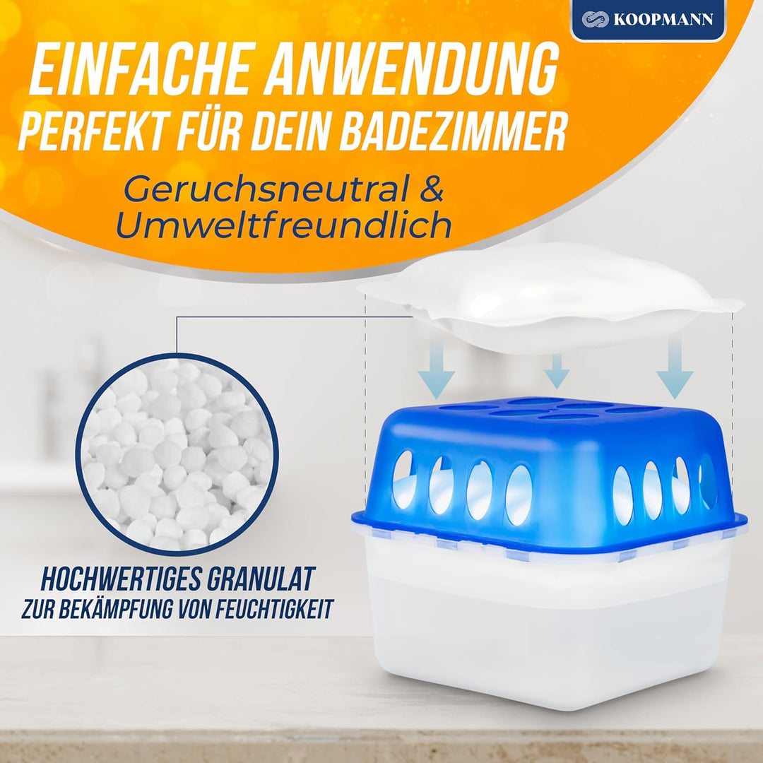 Koopmann 4X Ultra Fresh Luftentfeuchter Feuchtigkeits-Stopper mit Nachfüll-Beutel Granulat, Blau,wei