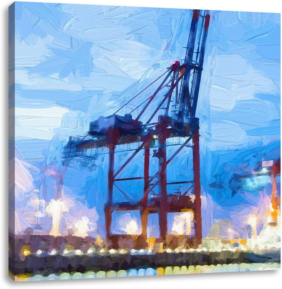 Pixxprint grosser Containerkran im Hafen, Format: 70x70 als Leinwandbild, 70x70