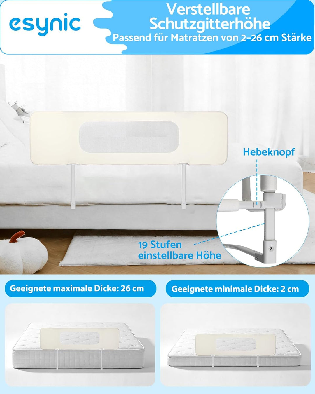 eSynic Tragbares Bettschutzgitter 150 cm Cremeweiss Bettgitter Mobiler Rausfallschutz für Kinder & K