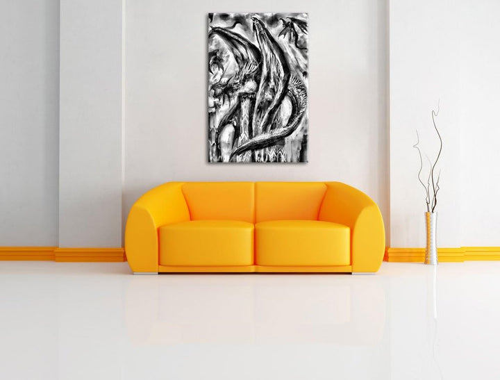 Monocrome, Dragons, Format: 100x70 auf Leinwand, XXL riesige Bilder fertig gerahmt mit Keilrahmen, K