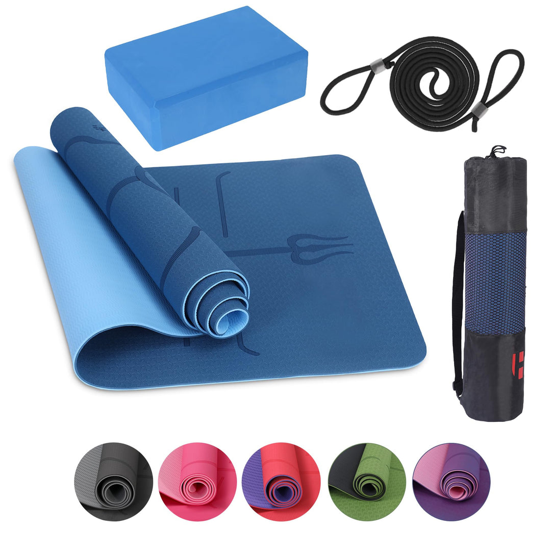 Habib Yogamatte Set mit Yogablöcken – Rutschfeste gepolsterte Fitnessmatte inkl. Tragetasche mit Sch