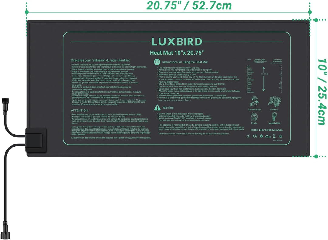 Luxbird Heizmatte mit Thermostat, 1 Heizmatten mit 1 Controller, Zimmergewächshaus Wärmematte 30 Wat
