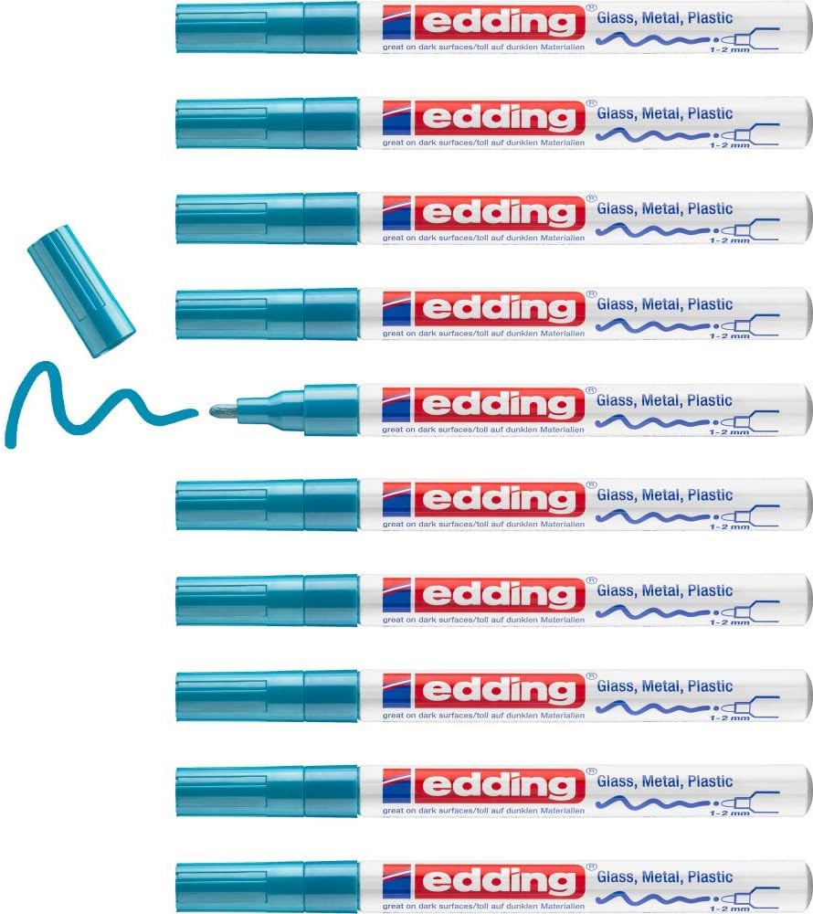 edding 751 Glanzlackmarker - hellblau - 10 Lackmarker - Rundspitze 1-2 mm - Lackstift für Glas, Stei